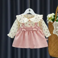 New Girls' Large Polo Collar Spring and Autumn Dress Children's Flower Print Spliced Solid Color 3D Flower Princess Dress 1