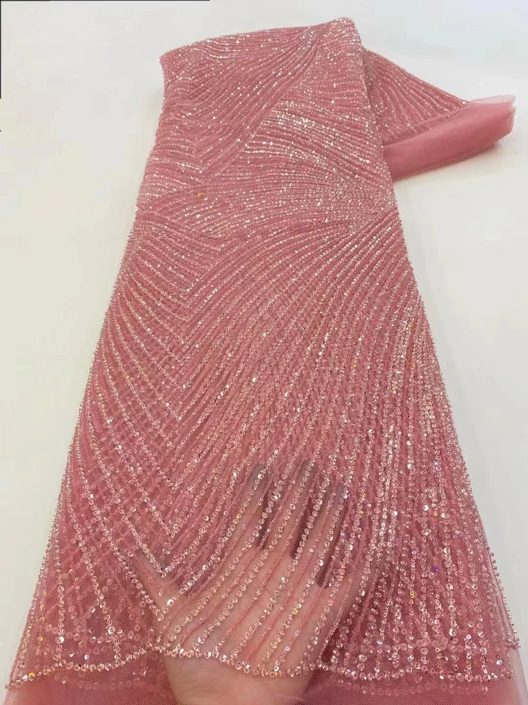 

5Yards Luxury Heavy beautiful Sequins Lace Fabric With Bead Sequins For Bridal Dress Evening Dress French Lace Fabric