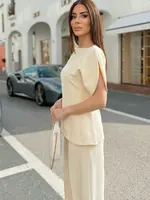 Blouse élégante unie à manches bouffantes et ourlet asymétrique col rond pour femme HH – T-shirts tendance printemps 2026 – Hauts streetwear Y2K pour femme 3