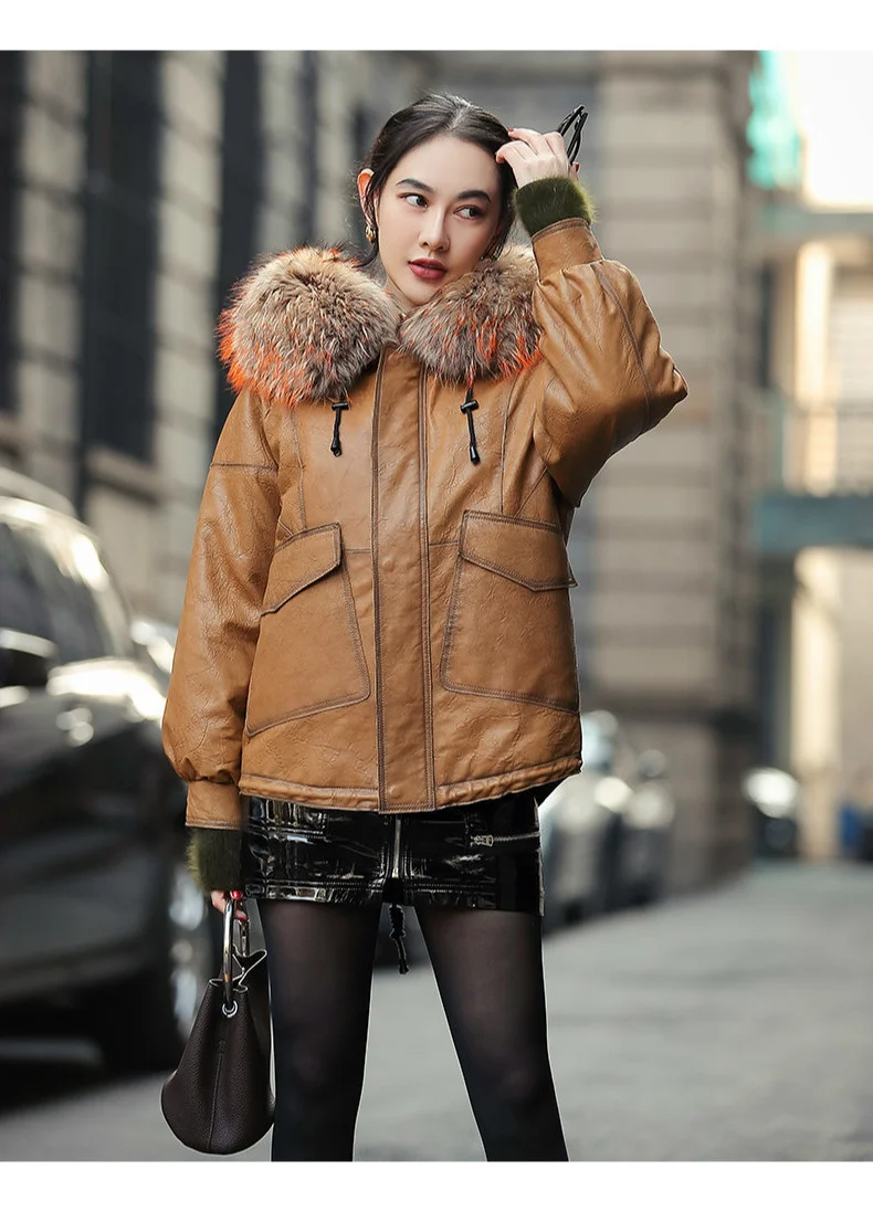 

2023 Real Leather Jacket Women Down Jackets Short Sheepskin Coat Female Winter Parkas Raccoon Dog Fur Collar Abrigo Mujer