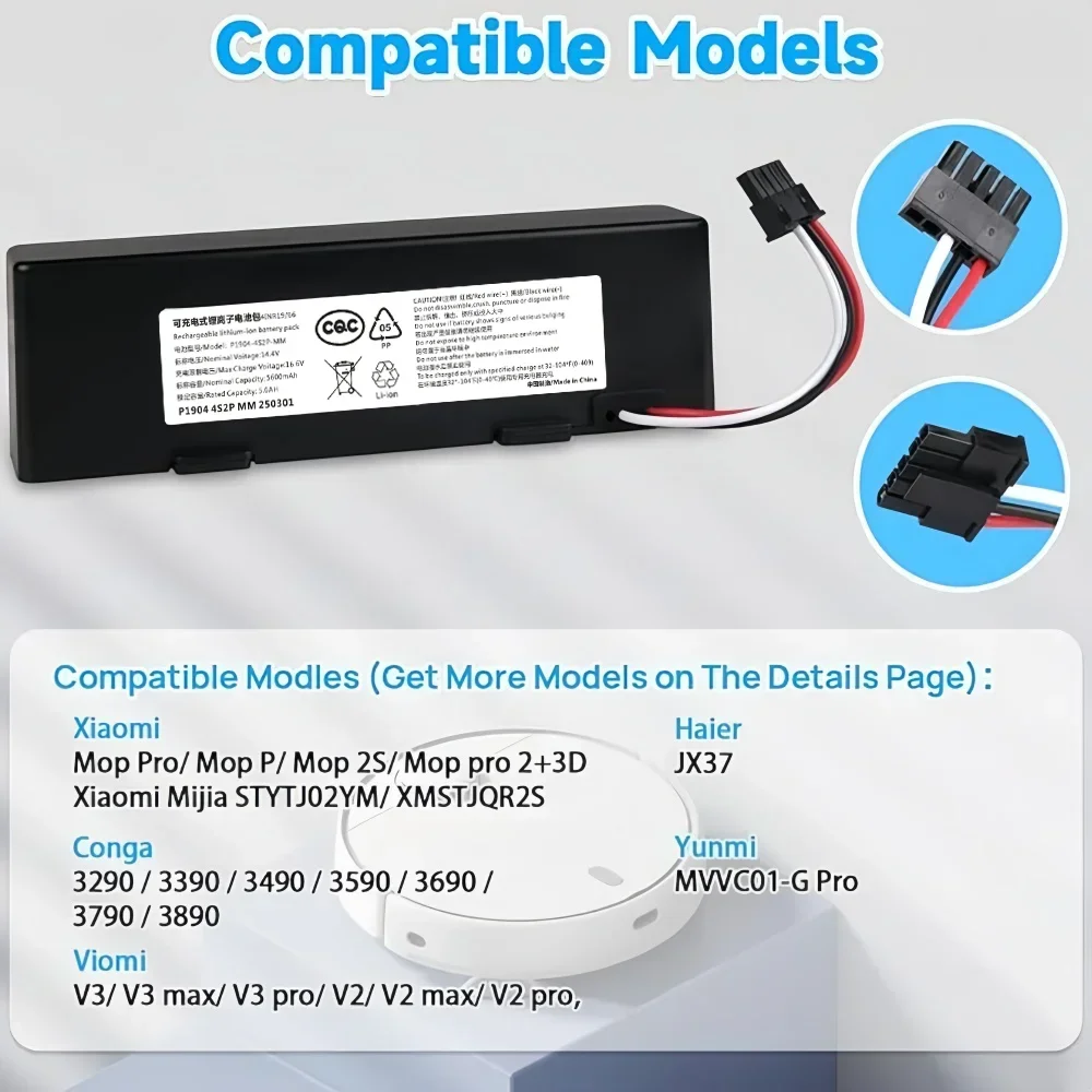 14.4V Li-Ion Battery for Xiaomi Mop 2S / Mop Pro/Mop P, Compatible with Mijia STYTJ02YM,XMSTJQR2S Vacuum Cleaner Robot Battery