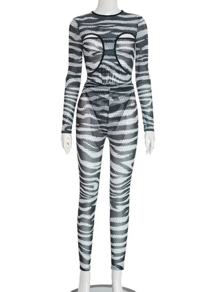 Wmstar Two Piece Sets Women Fashion Hollow Out Jumpsuit and Top Zebra Stripes Autumn and Winter Matching Suit 2025 New Style