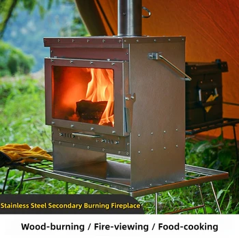 Stainless Steel Smokeless Fireplace Secondary Burning Wood Stove Large Glass Window Camping Tent Stove Firewood Heater Brazier