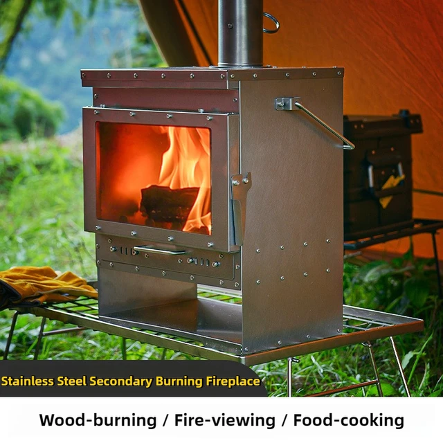 Stainless Steel Smokeless Fireplace Secondary Burning Wood Stove Large Glass Window Camping Tent Stove Firewood Heater Brazier 1