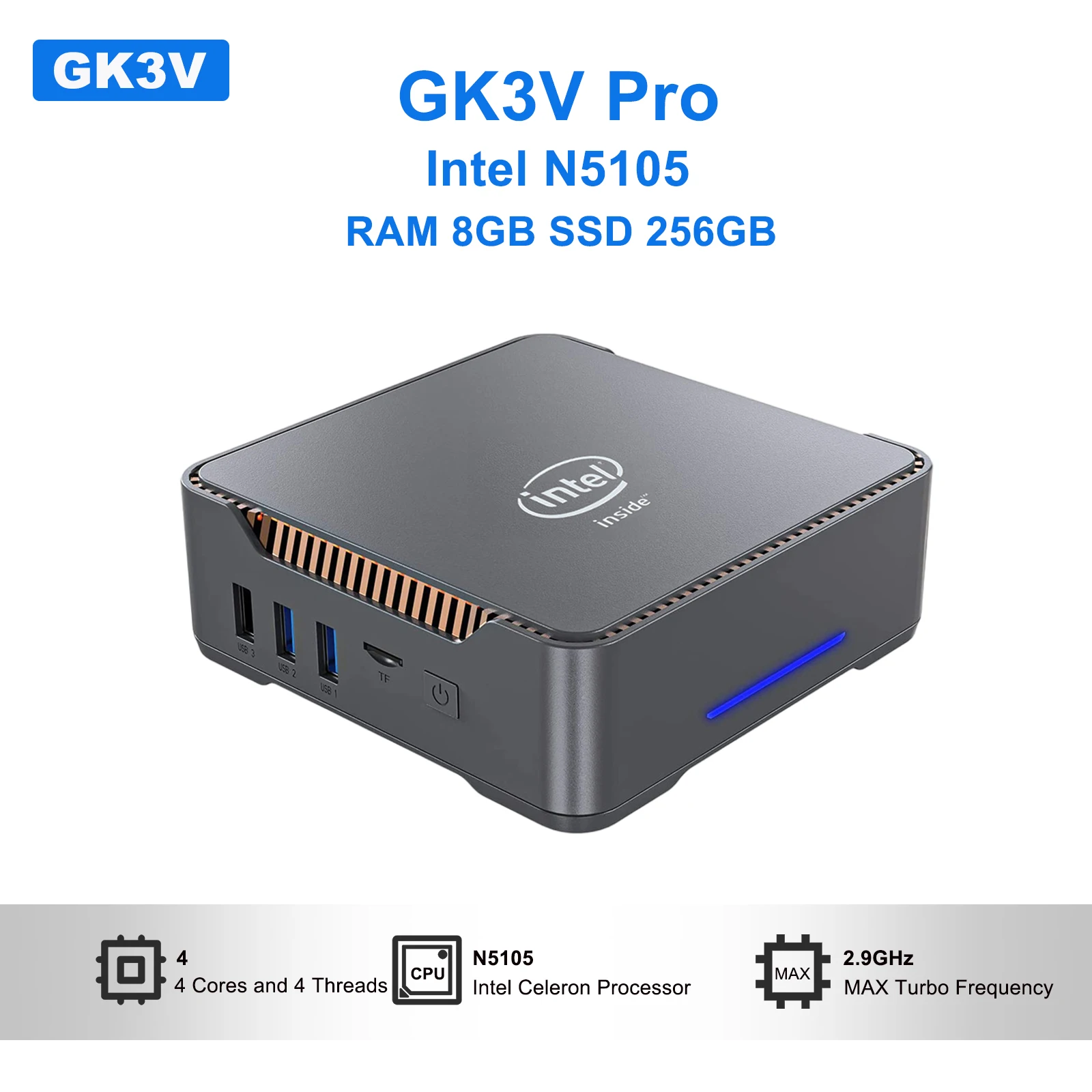 Мини-ПК GK3V pro, Intel 12th Gen AlderLake N5105 DDR4 8 ГБ SSD 256 ГБ, двойной HDMI/VGA 4K 3 Выход Дисплея, игровой настольный компьютер