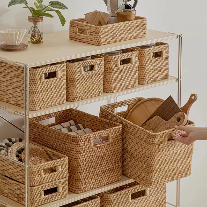 

Hand-woven Rattan Wicker Basket, Fruit Tea Snack Bread Basket, Cosmetic Rectangular Storage Box, Household Kitchen Supplies