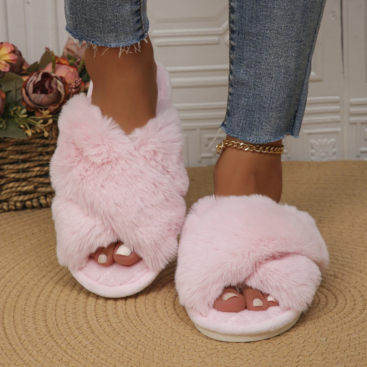 Comwarm Women's Cross Band Fuzzy Slippers Fluffy India