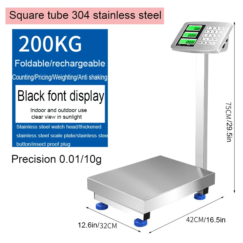 

200kg Commercial Weighing Scale 32X42cm Bench Ccale Electronic Scale Folding Scale Stainless Steel Material Waterproof