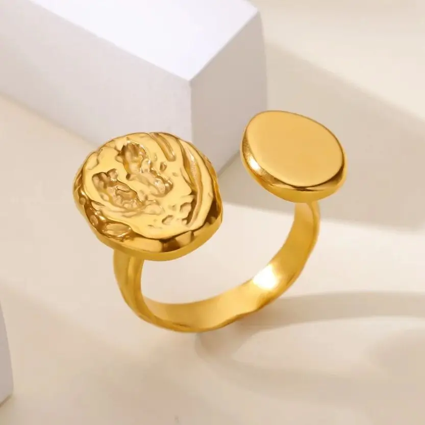 Geometric Texture Rings For Women Gold Plated Stainless Steel Ring