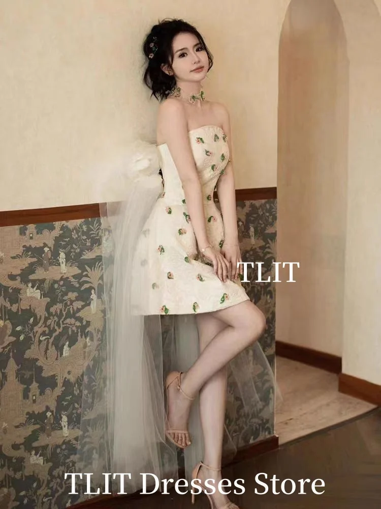 TLIT White Satin Evening Gown Dress Wedding Dress Photo Shoot Strapless Long Tulle Mini-Length Prom Gown Formal Party