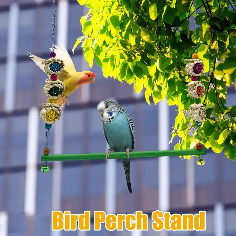 Natural Wooden Birds Perch Parrots Hanging Swing Cage Toys Stand Holder Pendant With Colorful Beads Chewing Toy