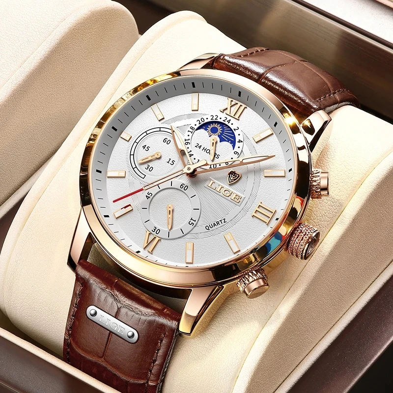 LIGE – montre de sport étanche pour hommes, nouvelle marque de luxe, bracelet en cuir, Quartz