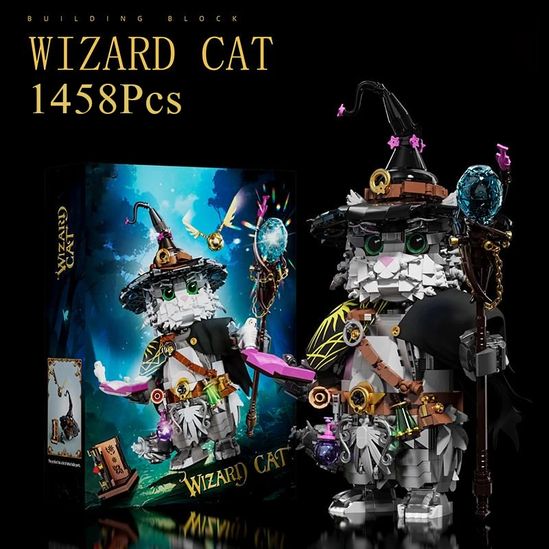 Creative 1458Pcs Magic Wizard Cat Building Blocks Magician Cat