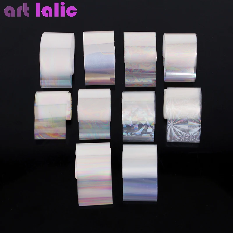 Holographic Nail Foil Set 10 Rolls / Box 2.5*100cm Gradient Transparent AB Color Transfer Sticker Manicure Nail Art Decals nail stickers nail art decoration nail decals