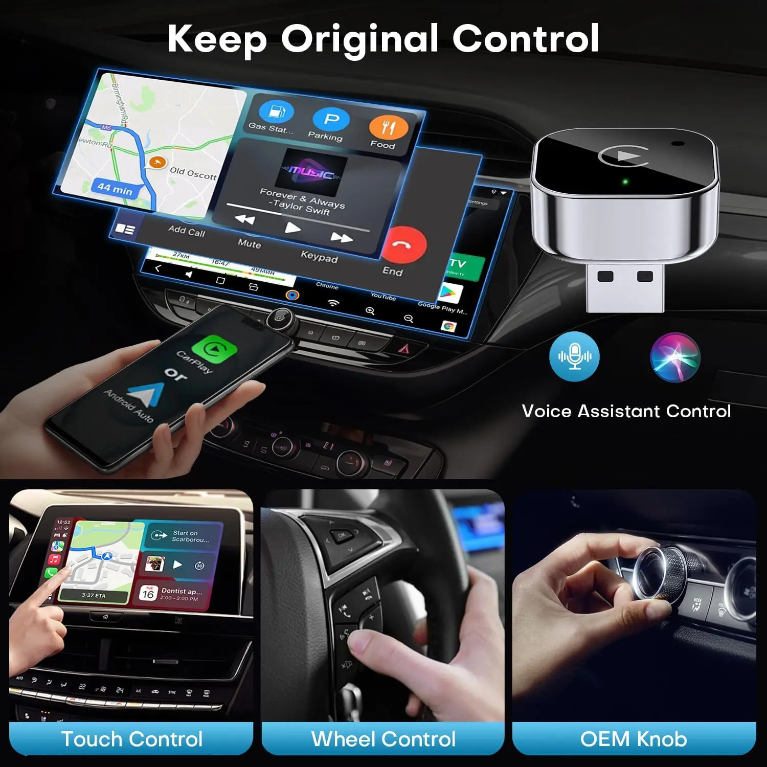 Adaptador inalámbrico CarPlay y Android Auto 2026 Actualización: cableado a inalámbrico para automóviles con Apple CarPlay/Android Auto incorporado, Mini 3