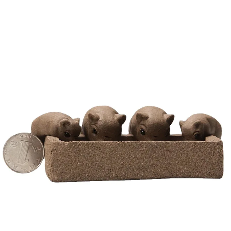 Handcrafted Four Little Pigs Drinking Water Purple Sand Figurine Sculpture, Statues for Decoration, Living Room Decoration