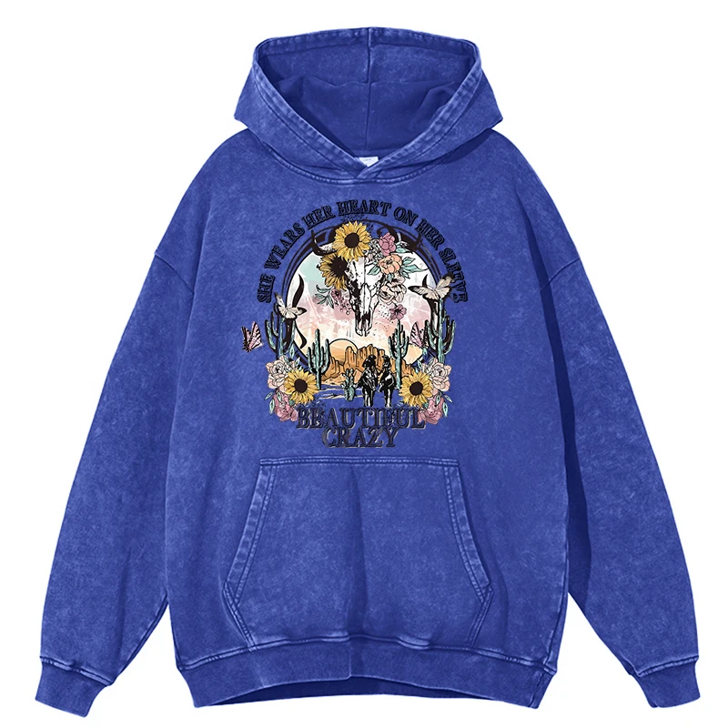 thumbnail image 1 of Sudadera con capucha retro desgastada para hombre, con estampado de "Hermosa y loca" y "Viaje por el desierto", informal, holgada, 100 % algodón, con capucha suave, 1 of 5