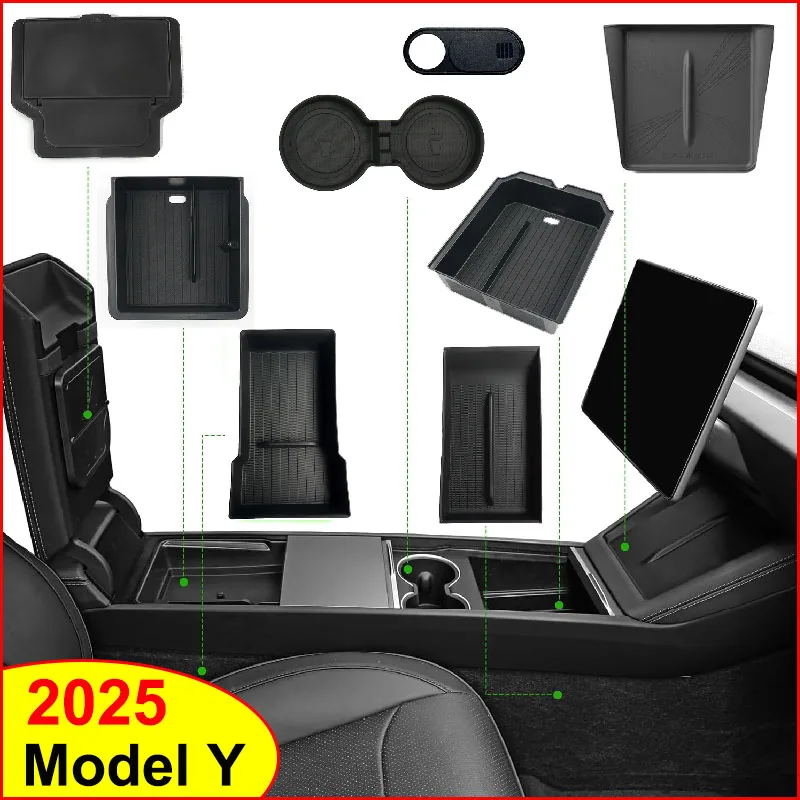 For Tesla Model 3 Y Juniper Highland 2025 2026 Launch Console & Armrest Upper and Lower Storage Box Watercup Holder Camera Cover
