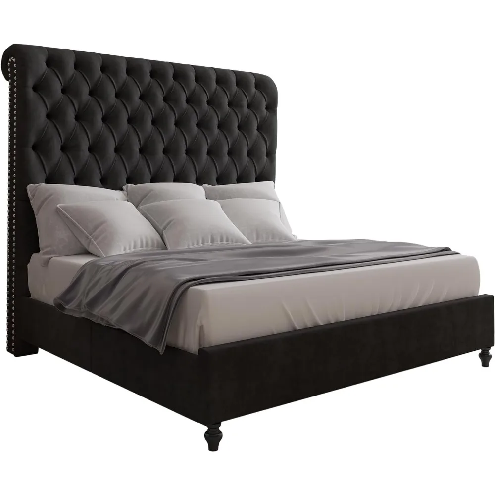 Queen Size Bed Frame with Sleigh Headboard 60" Tall Velvet Upholstered Platform Beds, No Box Spring Needed, Queen Size Bed Frame 5