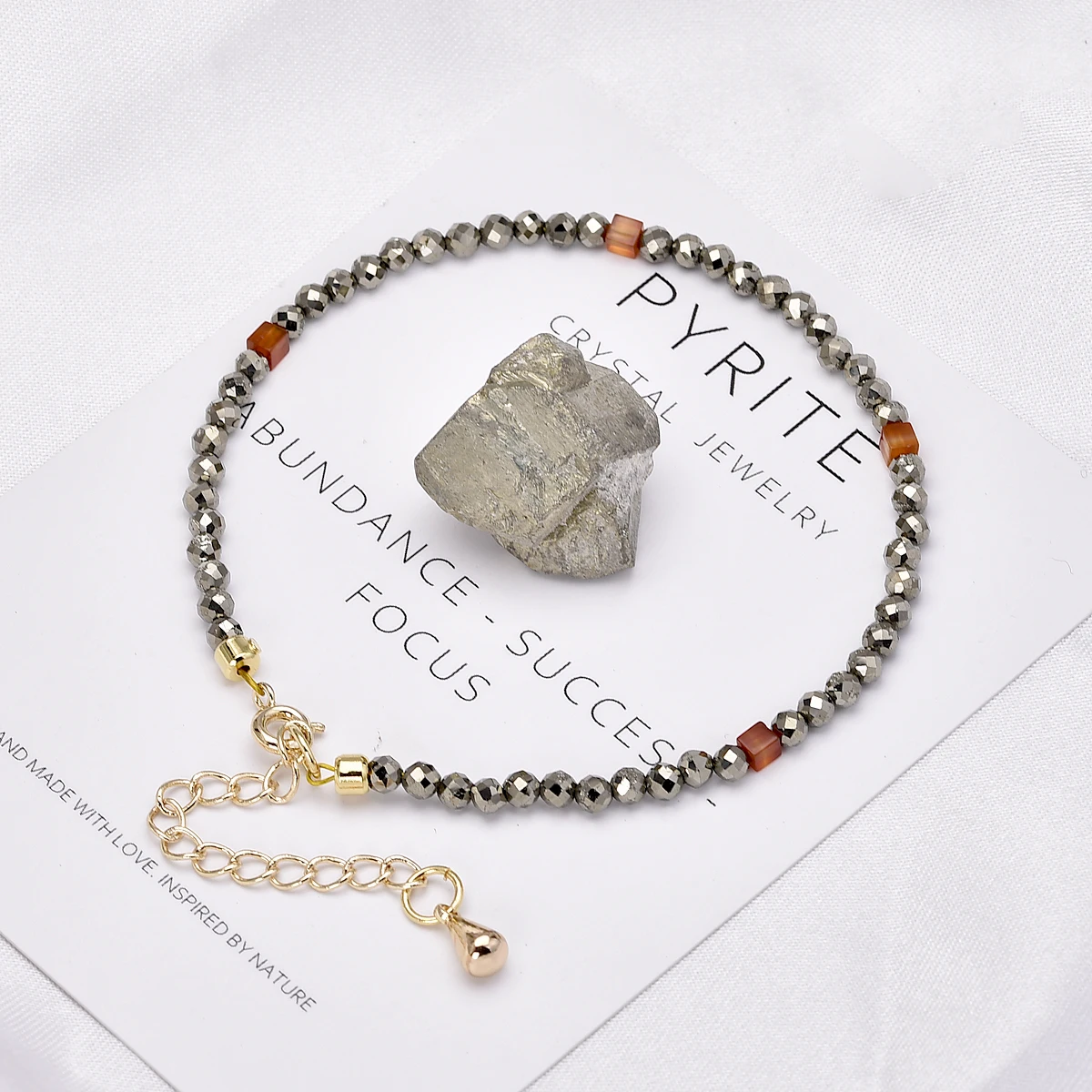 

3mm Dainty Pyrite Chain Bracelet for Women Birthstone Crystal for Mom 14k Gold Plated Copper Energy Health Jewellery