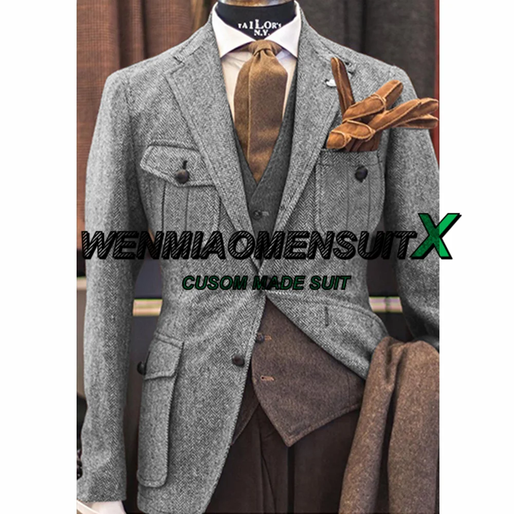 Men Suits Jackets Herringbone Blazer 2 Buttons Winter Warm Fleece Jacket