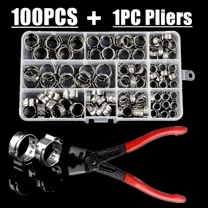 

100pcs Boxed Stainless Steel Single Ear Hoop Combination + Vise Clamp Rings Crimp Pinch Set Pliers Wood Working Clamps
