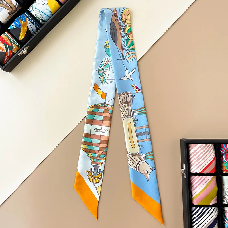 100% Twill Silk Ribbon Scarf Unisex Man Women Vintage Bird Kerchief Head Neck Bandana Hairband 86*5cm no box