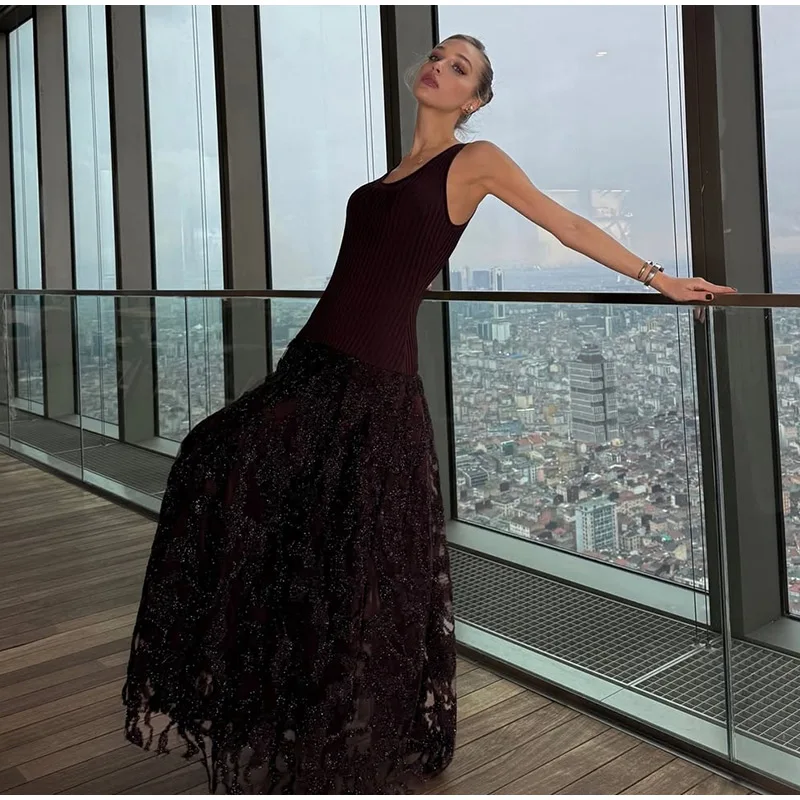 Elegant Knitted Sequin Long Dresses Women Vintage Glitter Solid O-neck Sleeveless Maxi Evening Dress Female Chic Street Party