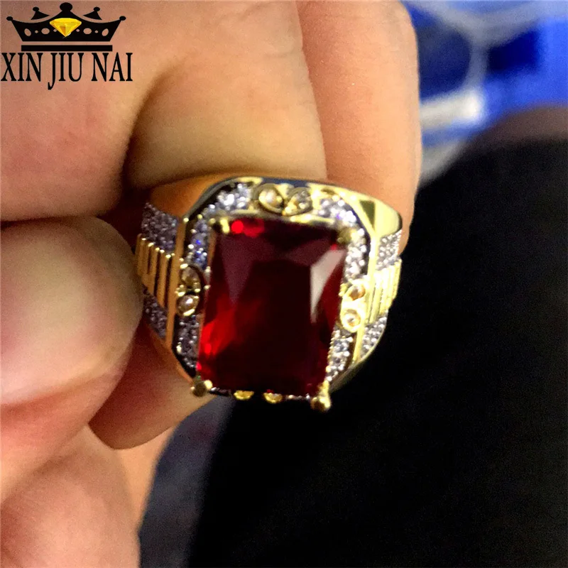 Male Big Red Stone s925 Ring 18KT Yellow Gold Filled Vintage Wedding Engagement Rings For Men For Silver Gold Wedding Rings