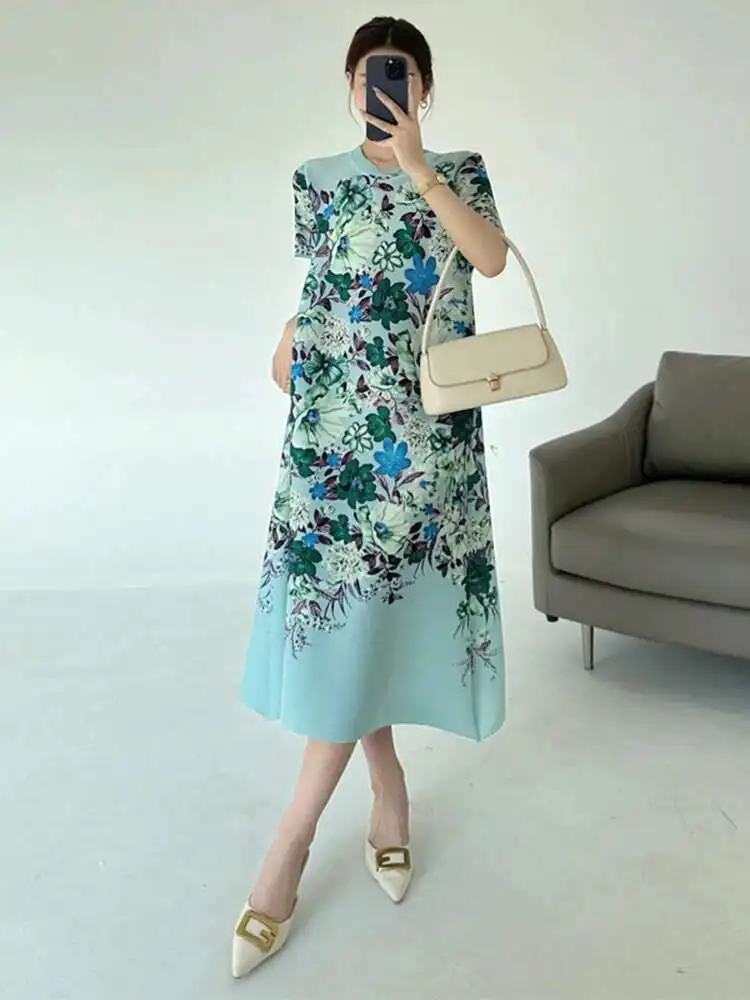LANMREM Pleated Printting Blue Women's Dress Loose Casual Short Sleeve Elastic Summer Dresses 2025 New Chic Clothing 2DB3513 - Image 5