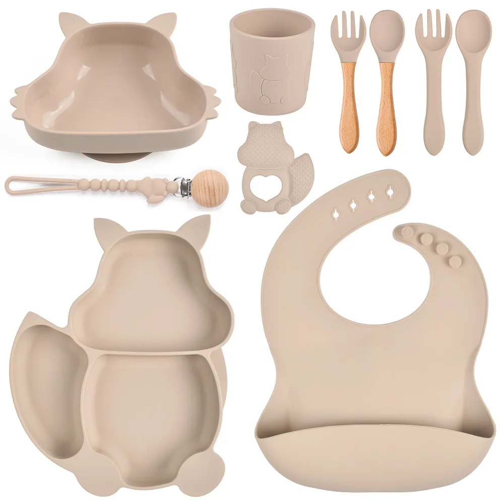 

10PCS Silicone Baby Feeding Plate Set Squirrel Baby Sucker Plate Teether Pacifier Clip Suction Bowl Spoon Fork Bibs Water Cups