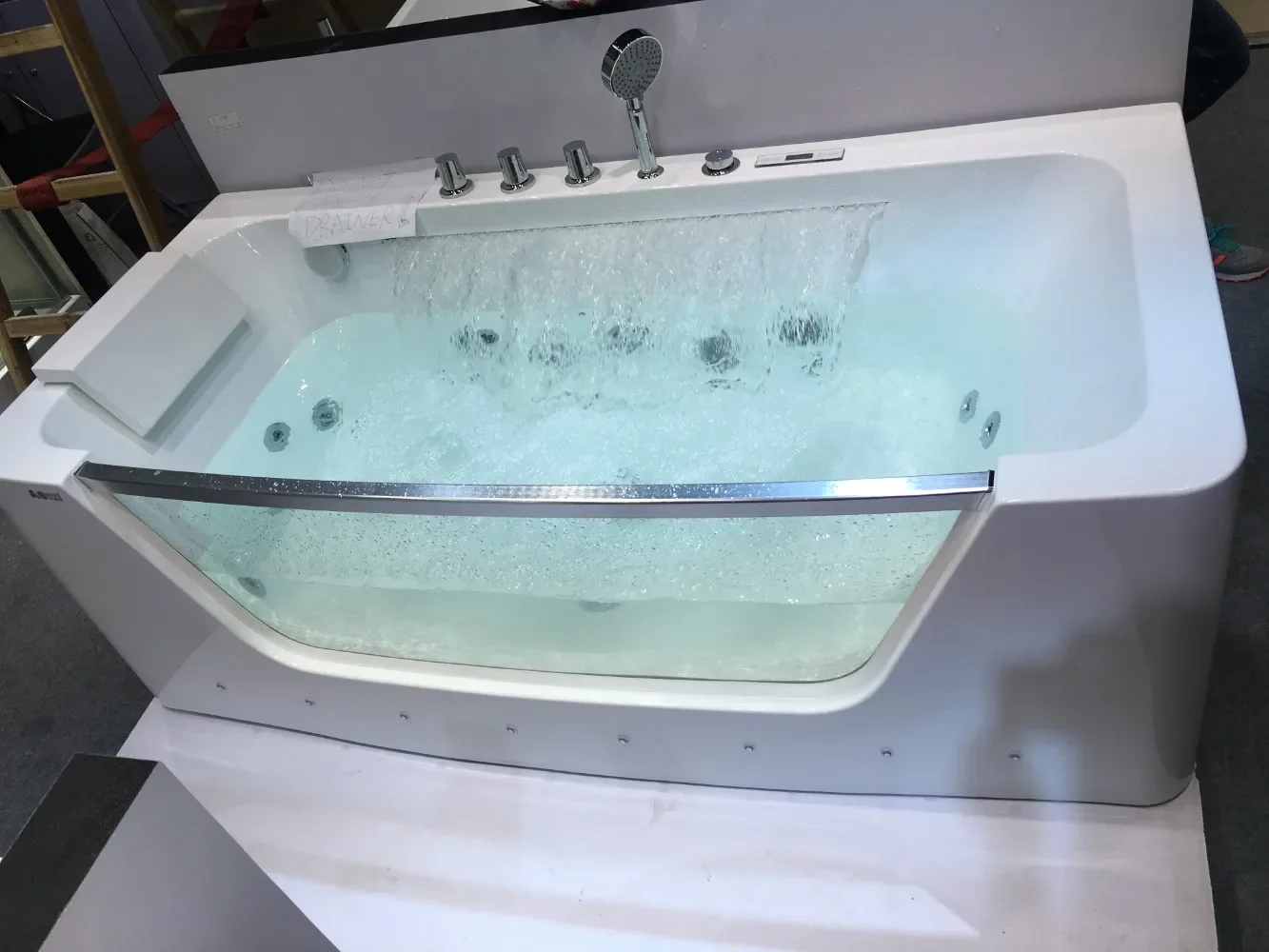 Minimalist Freestanding Clear Glass Whirlpool Bathtub Bathroom 2 Person Water Jet Rectangular Bathtub 6