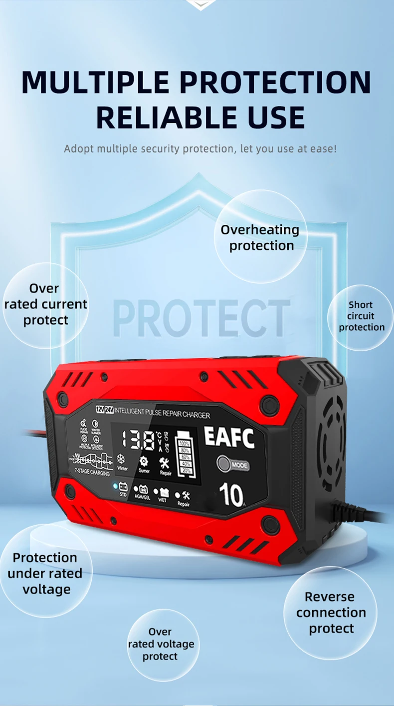 EAFC 12V 10A Intelligentes Autobatterie-Ladegerät 24V 5A Pulsreparatur für Auto- und Motorradbatterien Blei-Säure-Batterie-Ladegerät mit LCD-Anzeige – Detail 5