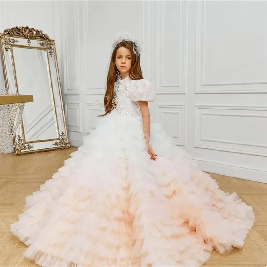 

Flower Girl Dress Layered Tulle Applique Lace Elegant Little Girl Wedding Birthday Party First Communion Holiday Dress