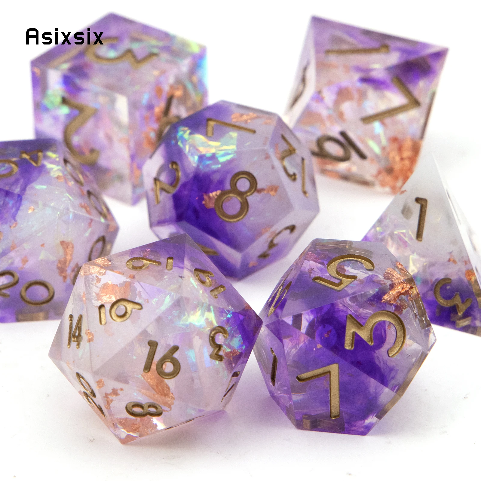 7 Pcs Purple White Resin Golden Number Sharp Edge Dice Polyhedral Dice Suitable for Role-Playing RPG Board Game