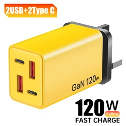 Powerful 120W Multi - Port USB & Type - C Charger with EU & UK Plug Adapters - UK Yellow
