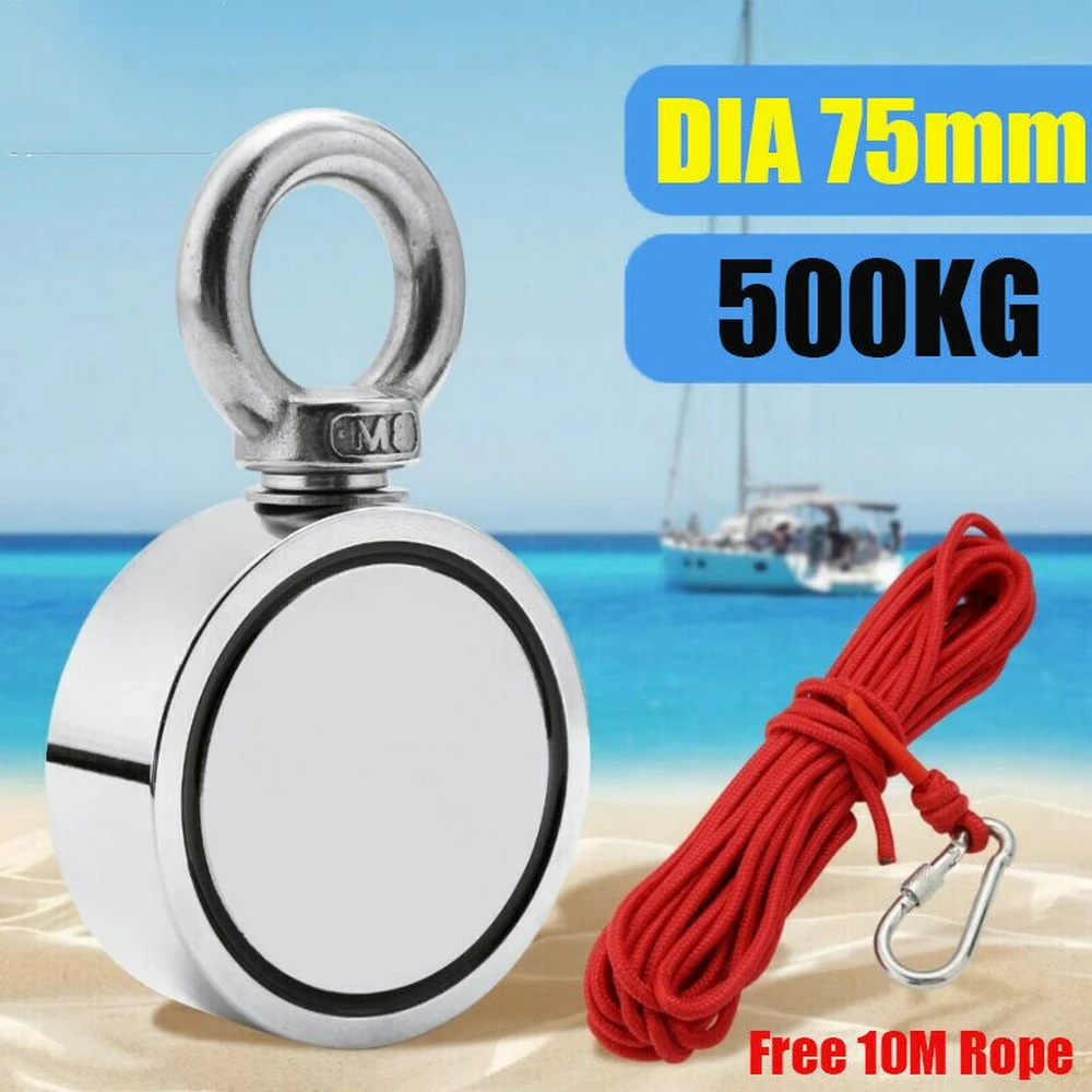 500Kg Magnet Double Side Search Super Strong Neodymium Fishing Magnet Salvage Metal Magnet Sea Fishing Holder Pulling + 10M Rope