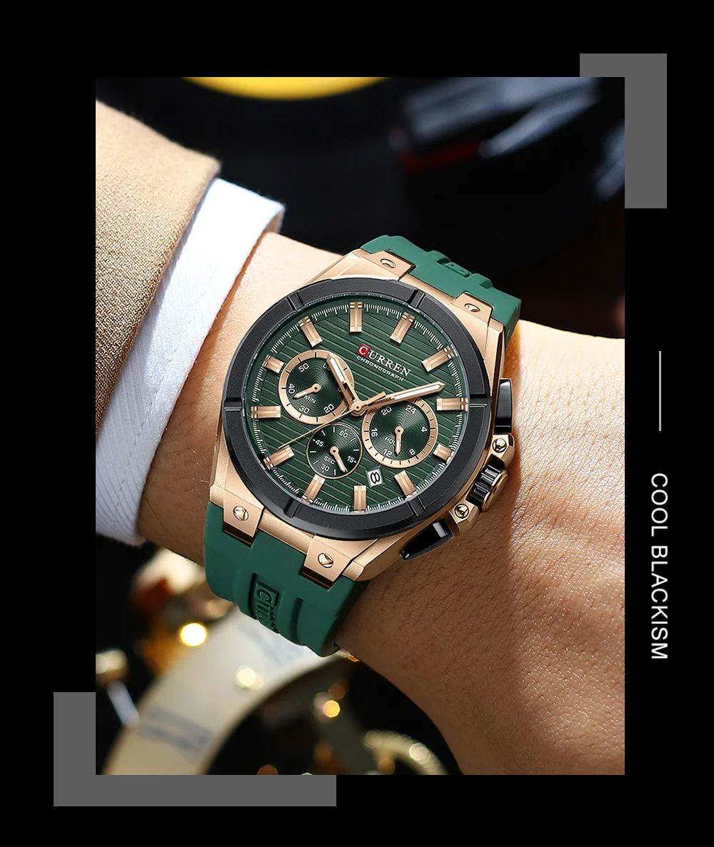 CURREN Moder Design 43mm Watch for Men with 3 Sub-Dials Quartz Movement Casaul Silicone Strap Wristwatch Luminous Hands and Date