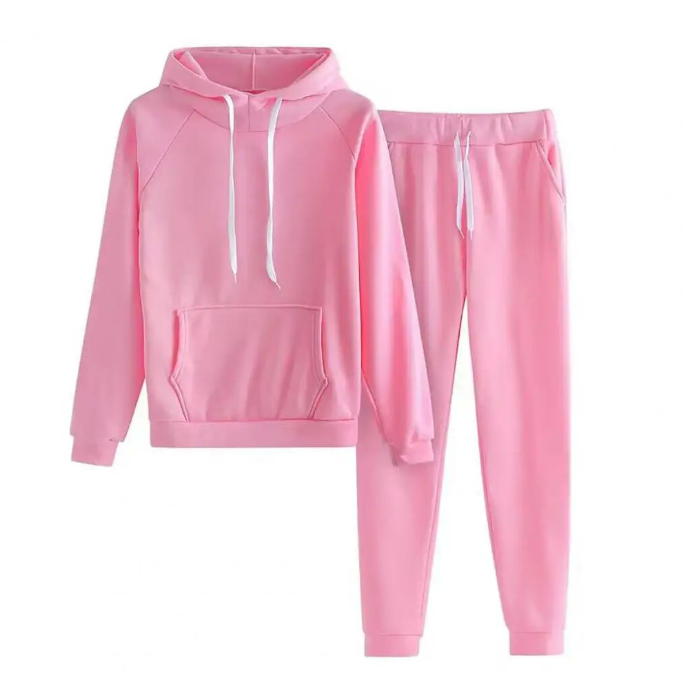 

2 Pcs/Set Women Hoodie Pants Set Fall Sweatshirt Solid Color Loose Long Elastic Waist Drawstring Pockets Ankle Banded Outfit