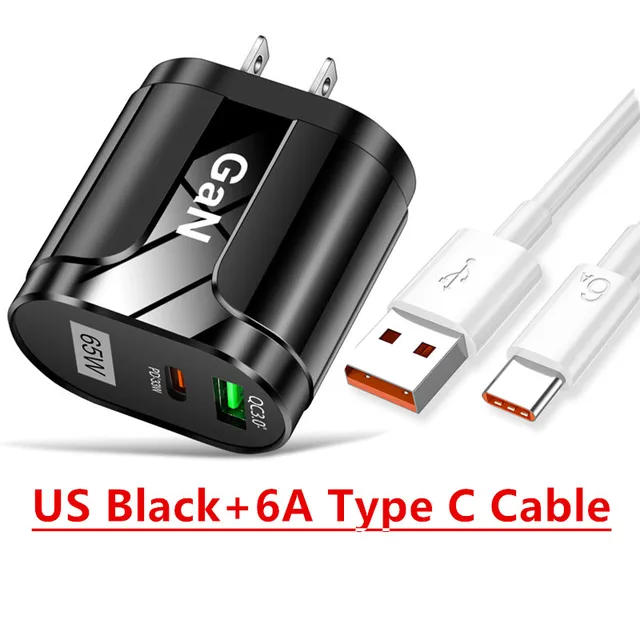 PD 65W Fast Charge Adapter For Laptop MacBook Pro Type-C Quick Charger For Apple iPhone 11 12 13 Pro iPad Huawei Xiaomi Samsung US Black Cable
