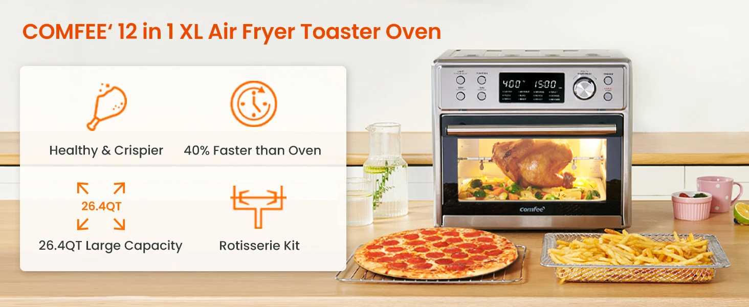Description Picture 6 of itemAir Fryer Combo, 12-in-1 Air Fryer Oven with Rotisserie, 6 Slice Toast 12' Pizza, Double Layer