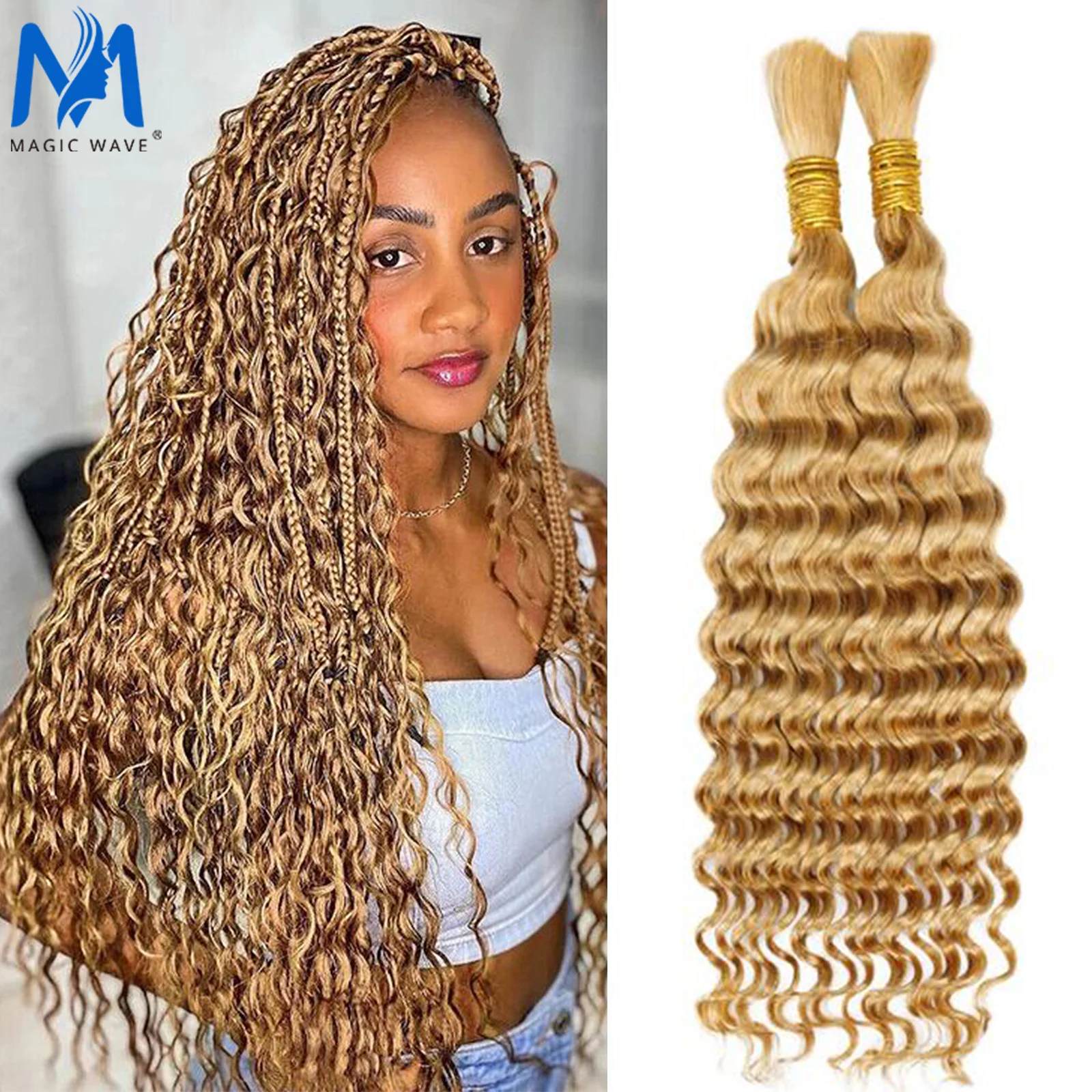 

27# Blonde Colored Deep Wave 100% Virgin Human Hair Bulk Human Hair for Braiding Human Hair Bulk Bundles No Weft Extensions