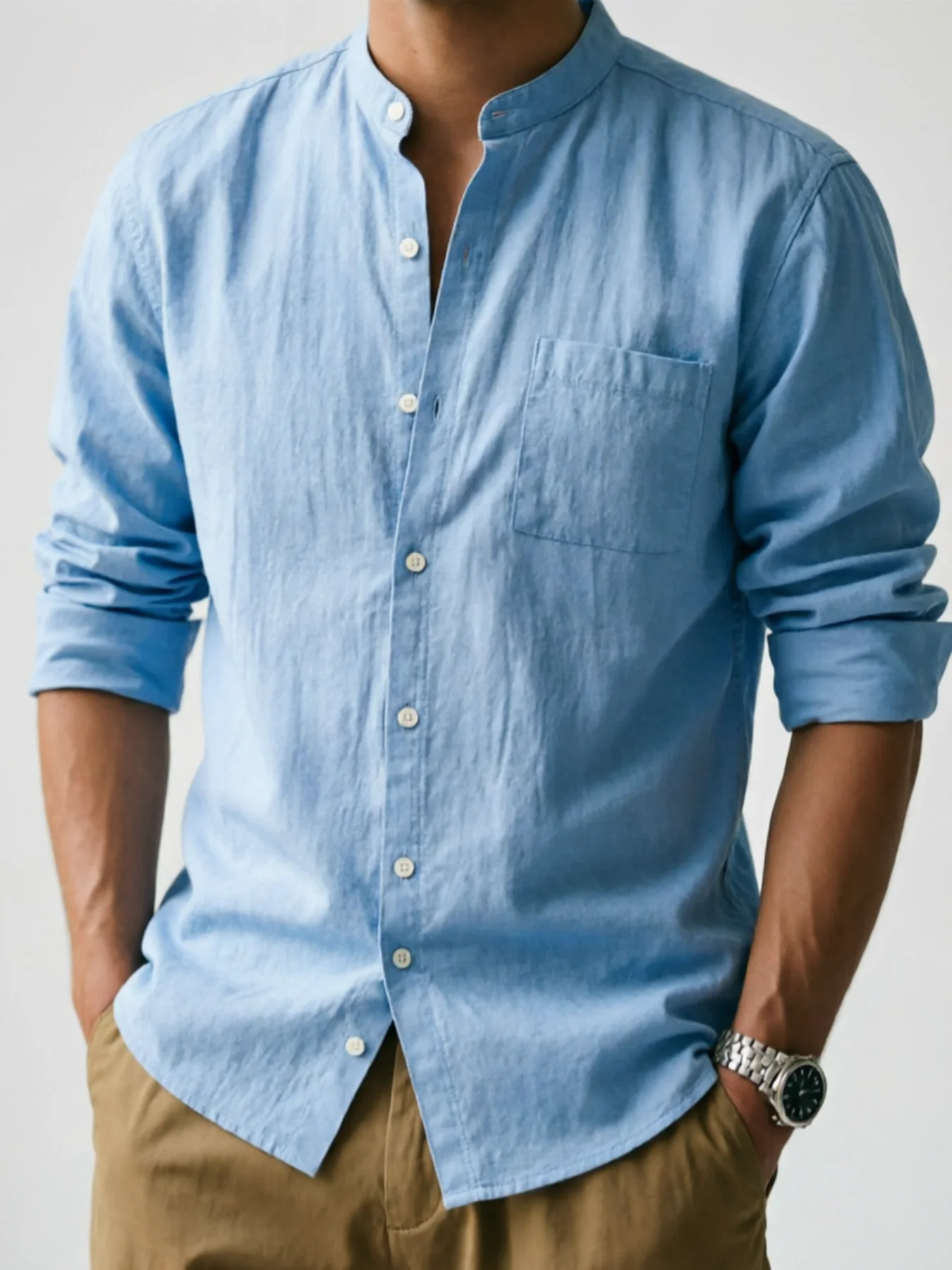 Minimalist Men's White Linen Button-Down Shirt, Stand Collar, Modern Office & Weekend Essential