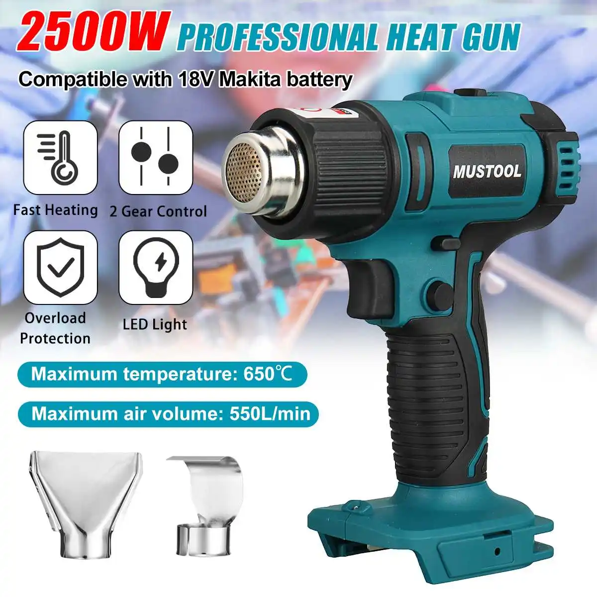 2500w Cordless Heat Gun Hair Dryer Hot Air Gun Air Dryer Soldering