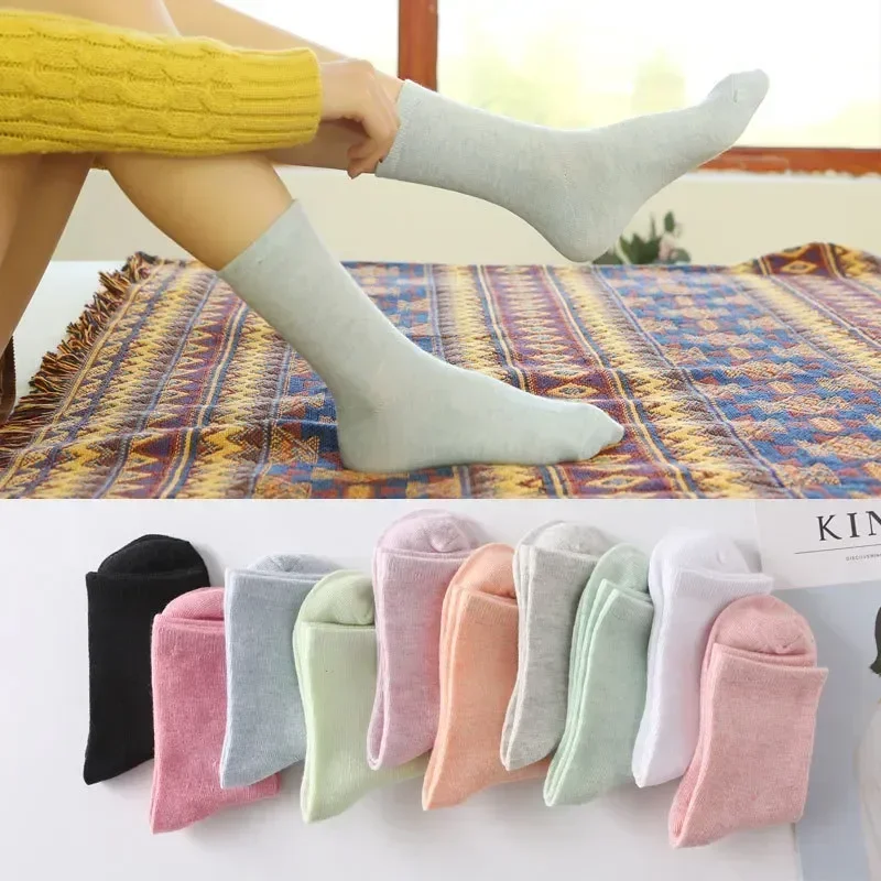 

Breathable New Tube Socks Girls Harajuku Solid Color 5pairs Korean Women Japanese Summer Casual Mid Cotton Sock Gif Spring