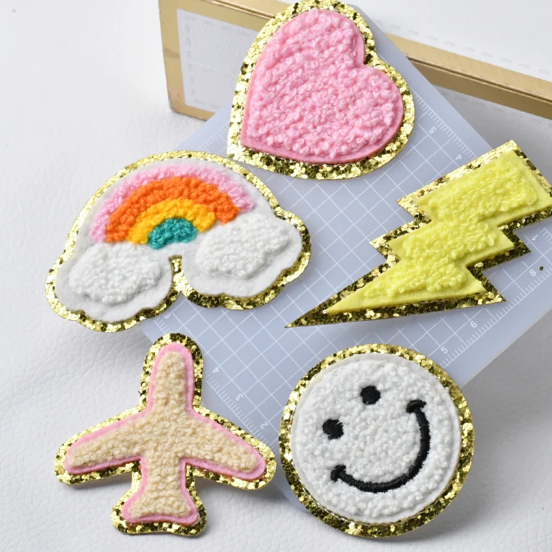 1pc Letter Patches Stickers Iron On Chenille Embroidery Patches Alphabet Rainbow Lightning Airplane Applique Clothing Stickers