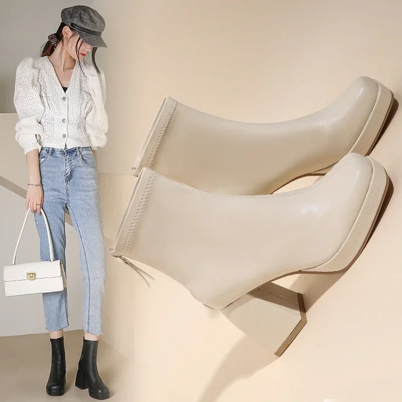 Winter Women's Square Heel Ankle Boots Rear Zipper Thick Heel Square Toe Modem Boots for Women Ladies Casual  Platform Shoes
