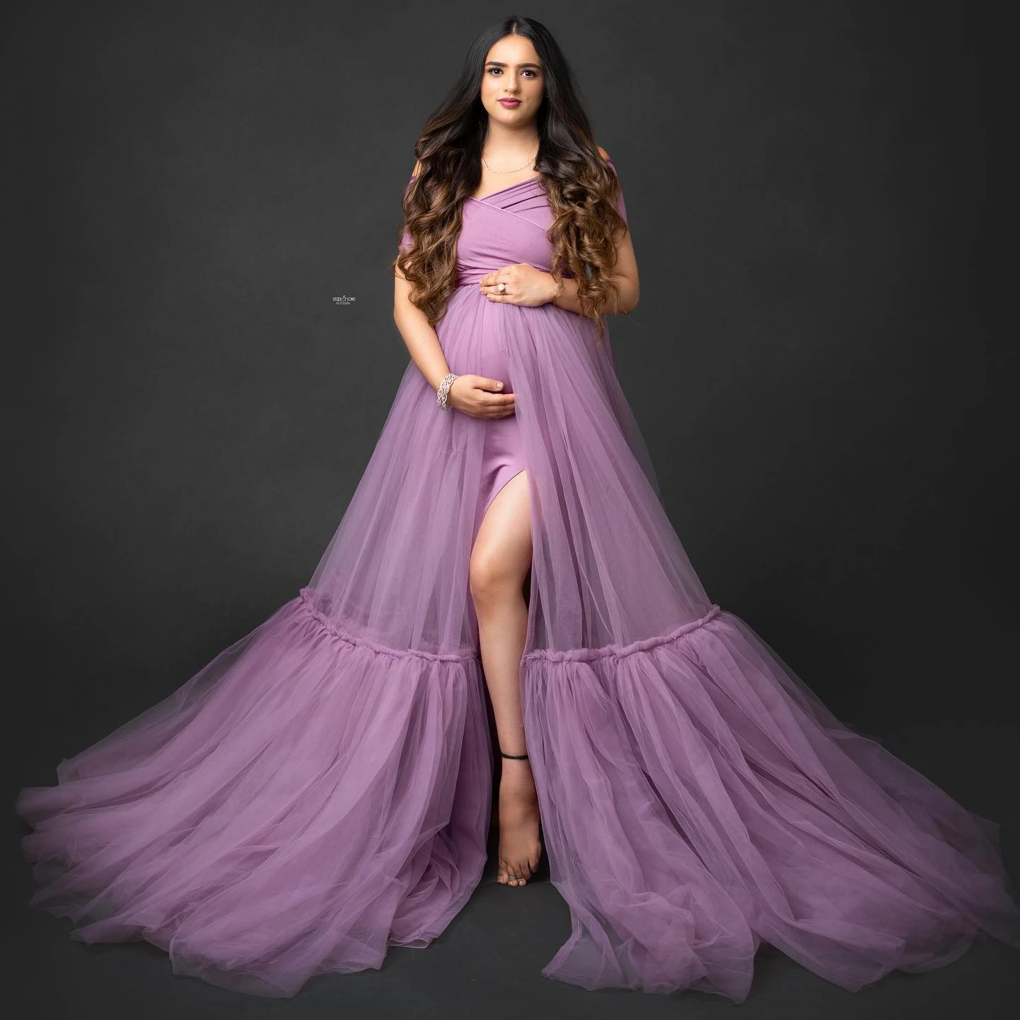 

Off Shoulder Purple Maternity Robes for Photography A Line Sweep Train Pregnant Women Dresses Sexy Front Split Baby Shower Gowns