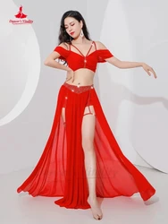 Women's Belly Dance Ensemble - Mesh Short Sleeve Top & Split Long Skirt - M (Red)