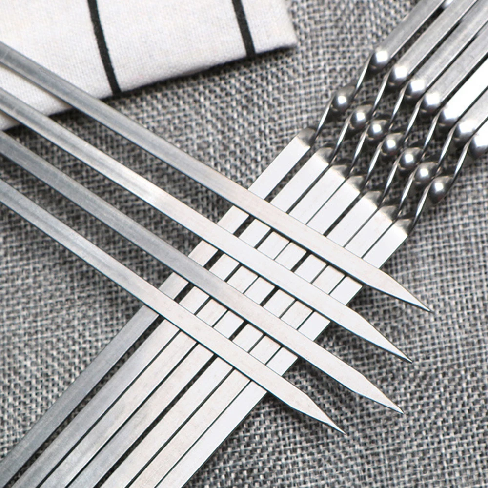 10pcs 38cm Stainless Steel Skewers Flat Meat BBQ Skewers Outdoor BBQ Barbecue Skewer Roasting Fork